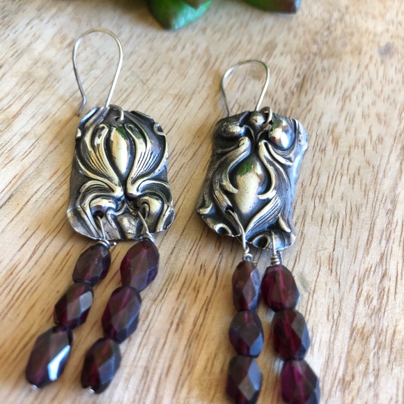 Sterling Silver Garnet Art Noureau Boho Earring 💋 - Picture 10 of 10